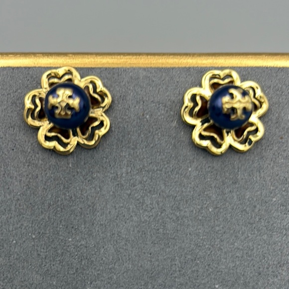 Tory Burch Gold Tone and Blue Pearl Floral Earrings with Heart Cut-outs - Picture 2 of 4